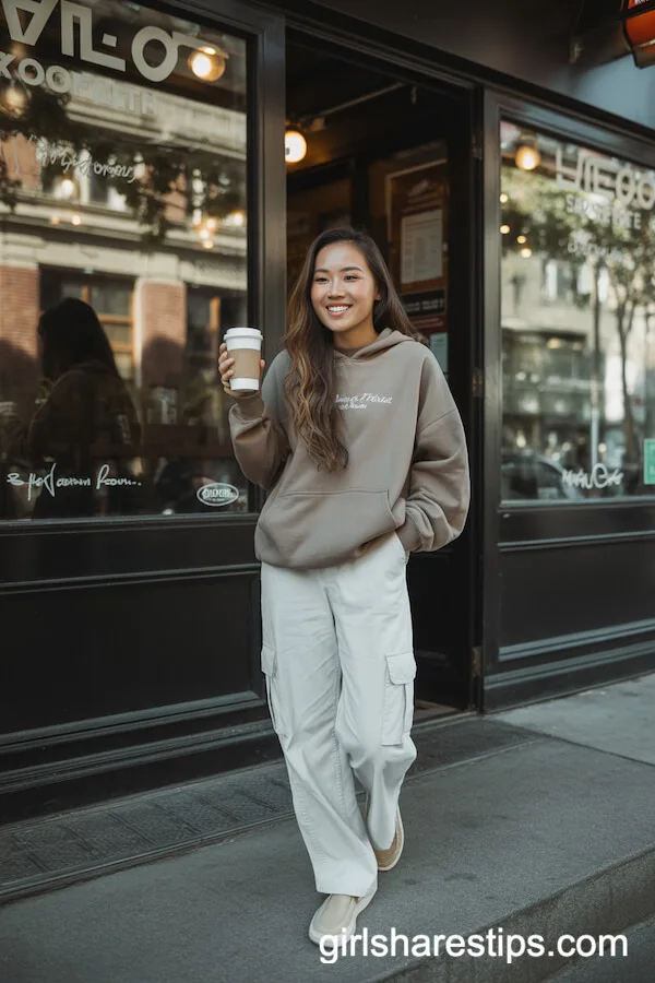 White cargo pants with an oversized hoodie and slip-on shoes