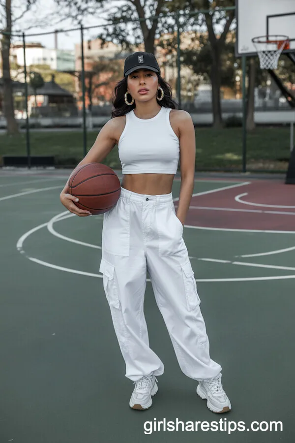 White cargo pants with a tight crop top and baseball cap
