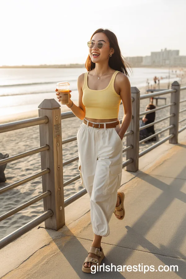 White cargo pants with a yellow tank top and tan sandals