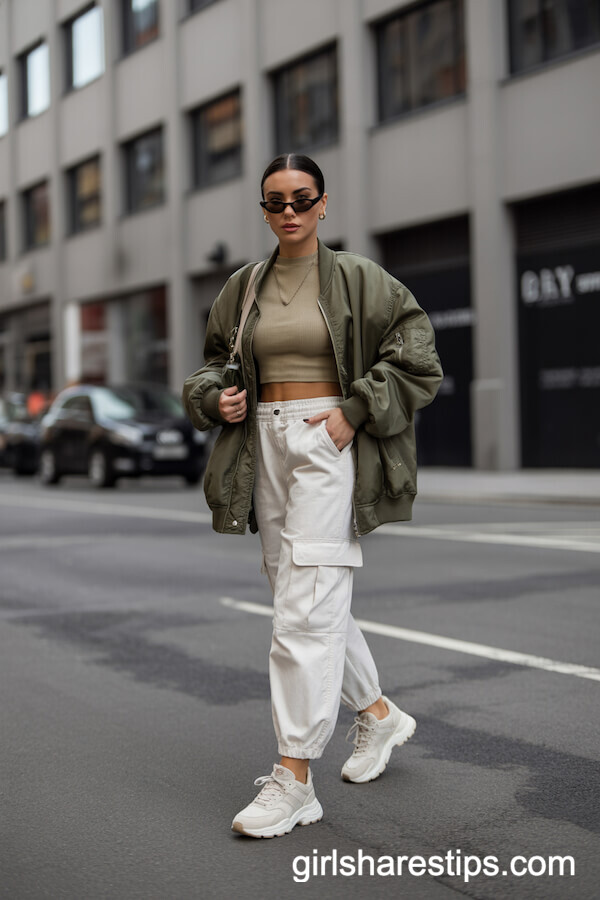 White cargo pants with a cropped sweater and oversized bomber jacket