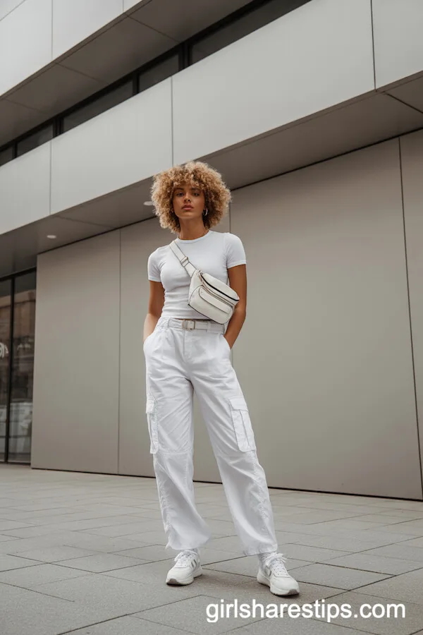 White cargo pants with a fitted tee and sneakers