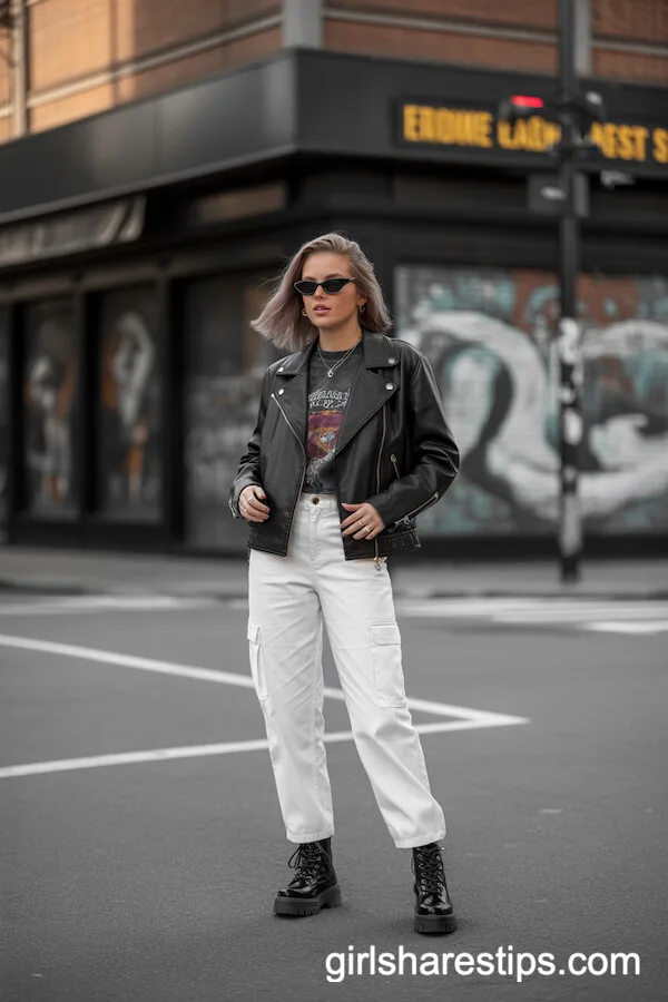 White cargo pants with a leather jacket and combat boots