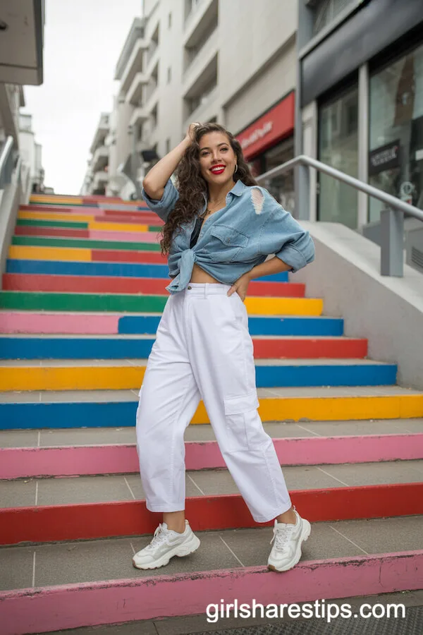 White cargo pants with a distressed denim shirt and white sneakers