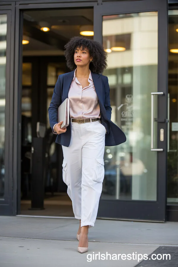 White cargo pants with a pink silk blouse and navy blazer