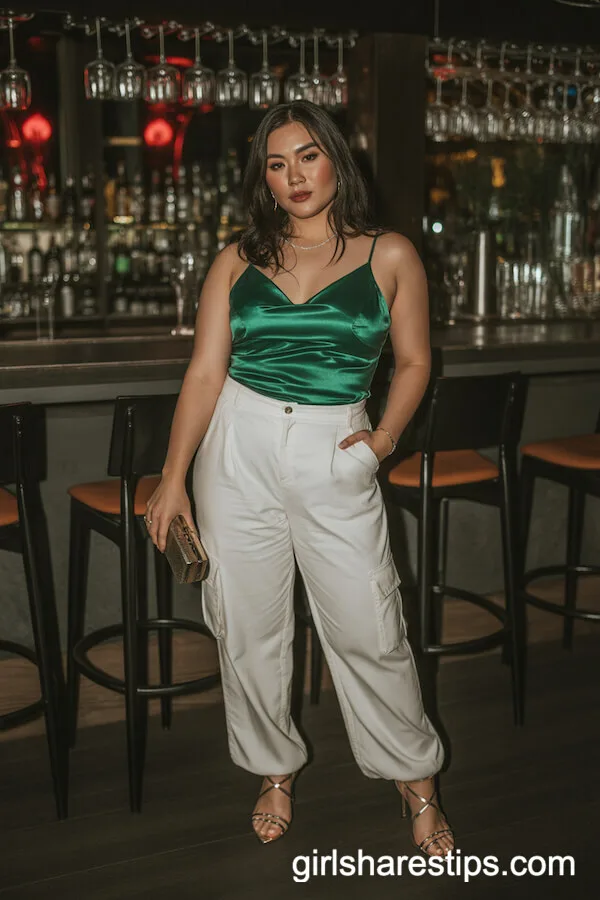 White cargo pants with an emerald satin camisole and silver heels