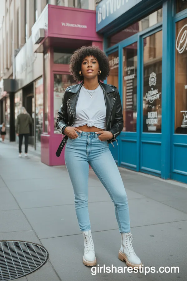 White Combat Boots with Skinny Jeans and Leather Jacket