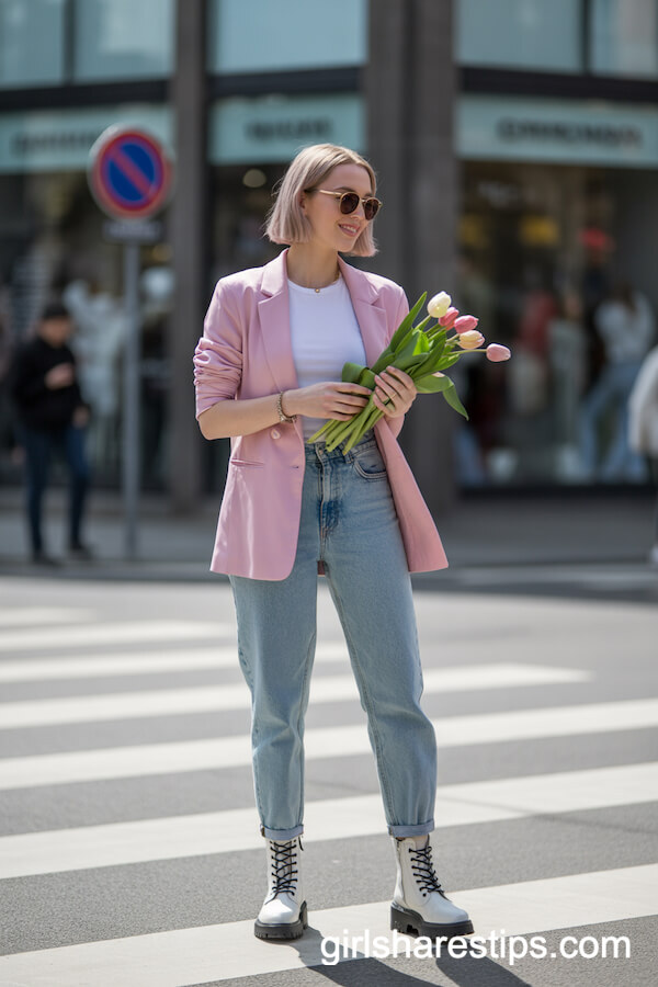 Springtime Fresh: Pastel Blazer, Mom Jeans, and White Combat Boots