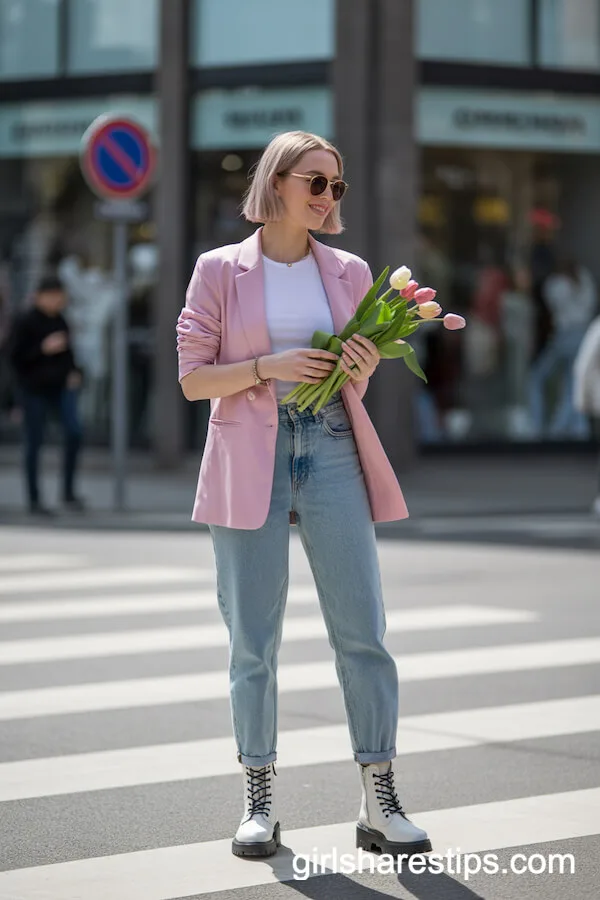 Springtime Fresh: Pastel Blazer, Mom Jeans, and White Combat Boots