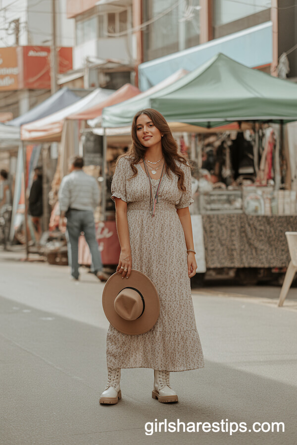 Boho Market Look: Maxi Dress with White Combat Boots and Layered Accessories