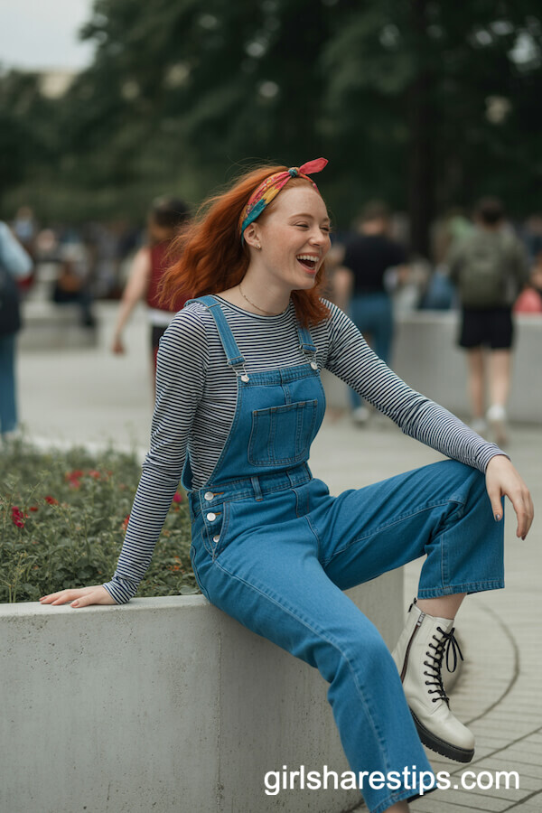 Playful Park Style: Denim Overalls, Striped Shirt, and White Combat Boots