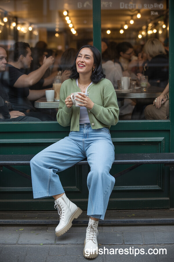Easygoing Brunch Outfit: Wide-Leg Jeans, Cropped Cardigan, and White Combat Boots