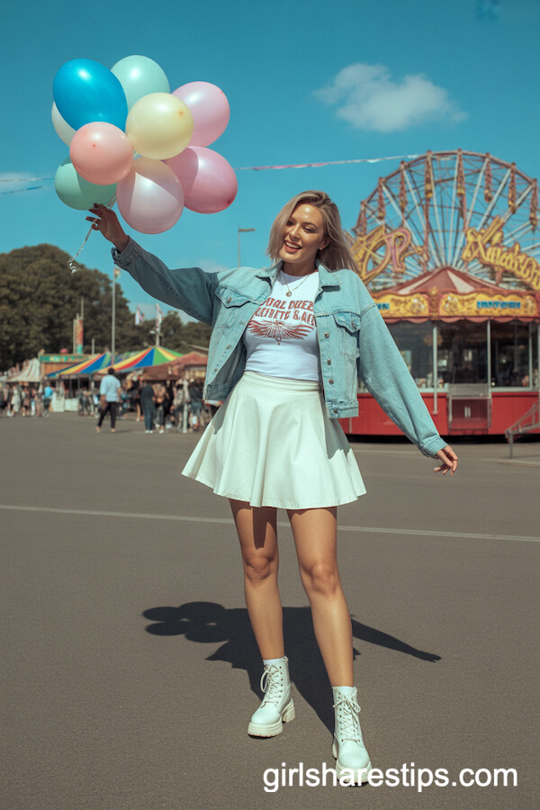 Fairground Fun: White Skater Skirt, Graphic Tee, and White Combat Boots