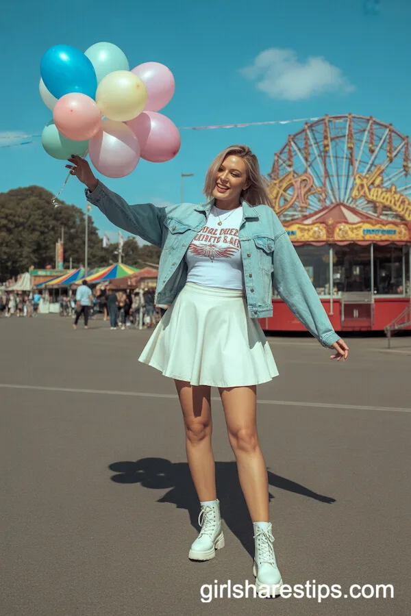 Fairground Fun: White Skater Skirt, Graphic Tee, and White Combat Boots