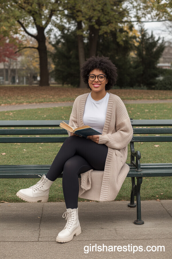 Bookish Autumn Layers: Leggings, Cream Cardigan, and White Combat Boots