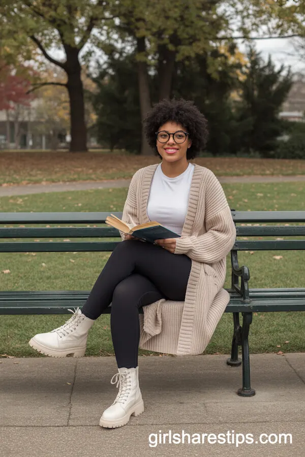 Bookish Autumn Layers: Leggings, Cream Cardigan, and White Combat Boots