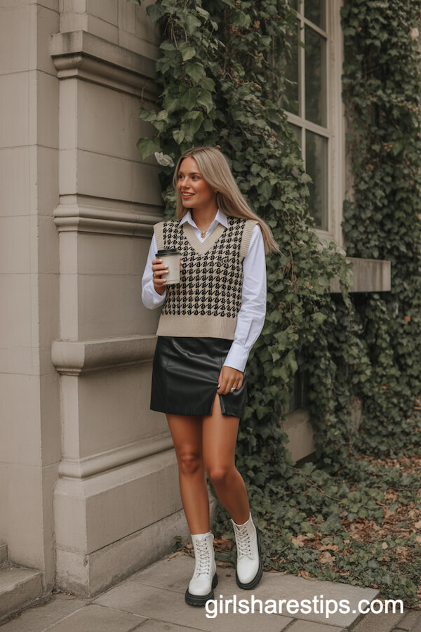 Trendy Coffee Run: Sweater Vest, Leather Mini Skirt, and White Combat Boots