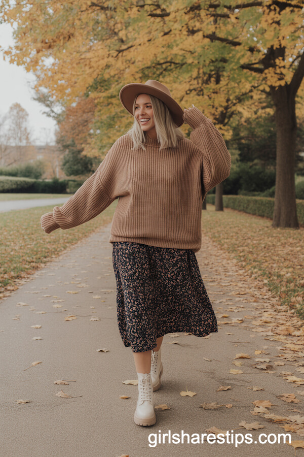 Cozy Autumn Look: Chunky Sweater, Midi Floral Skirt, and White Combat Boots