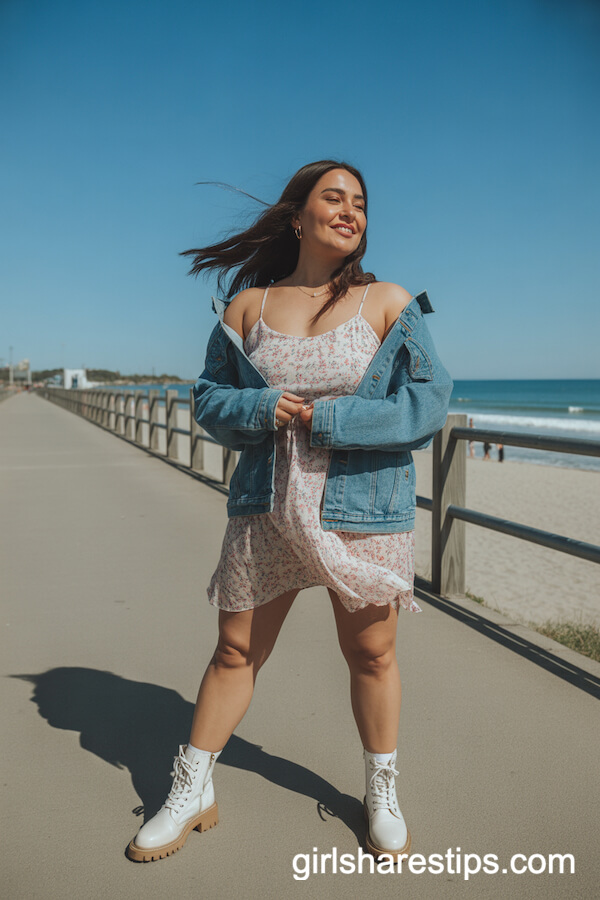 Carefree Beach Boardwalk: Floral Sundress, Denim Jacket, and White Combat Boots
