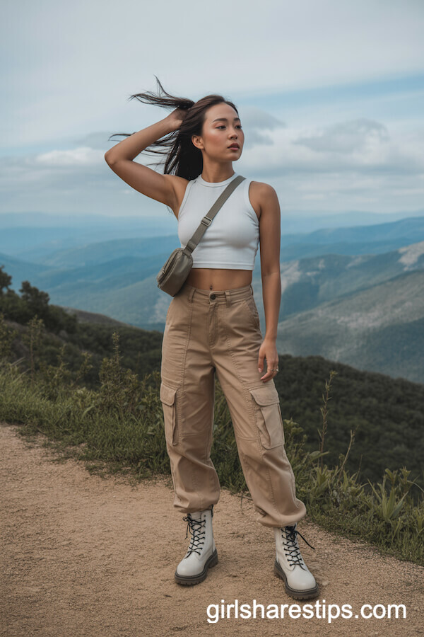Adventurous Trail Look: Cargo Pants, Crop Top, and White Combat Boots