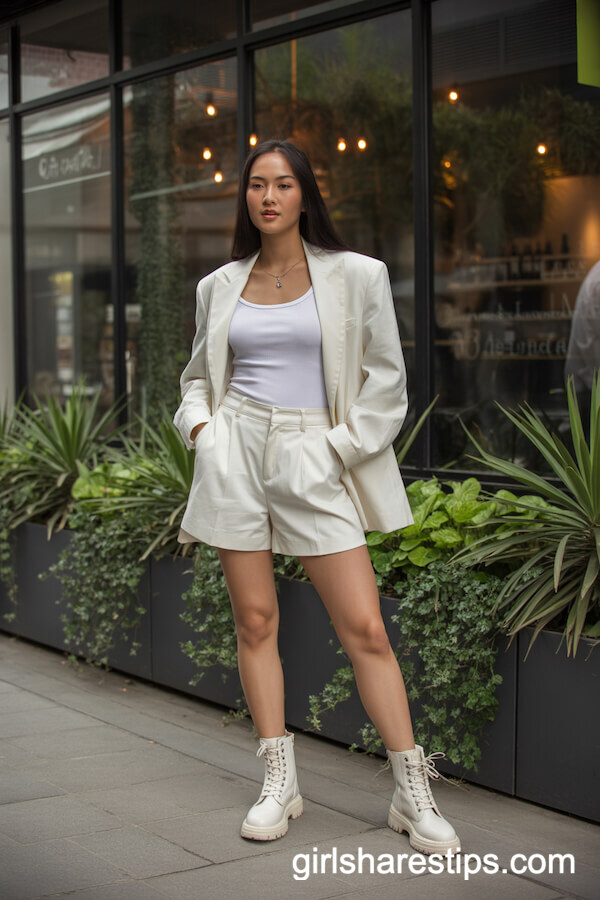 All-White Modern Chic: Oversized Blazer and Tailored Shorts with White Combat Boots