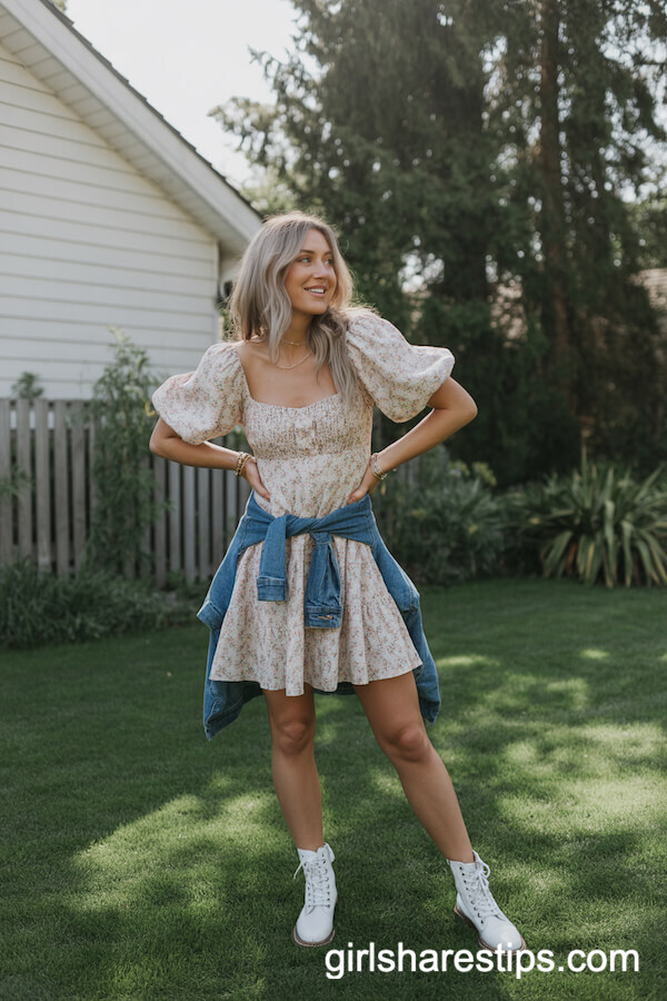 Flirty Garden Style: Floral Mini Dress with Denim Jacket and White Combat Boots
