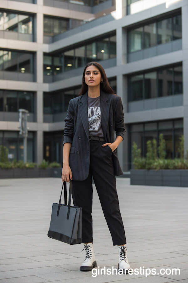 Charcoal Blazer, Graphic Tee, and White Combat Boots