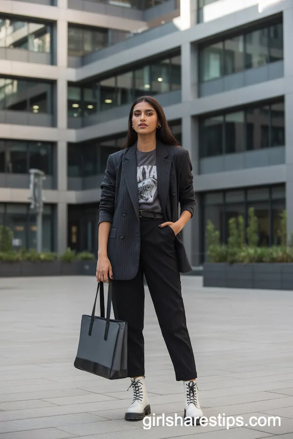 Charcoal Blazer, Graphic Tee, and White Combat Boots