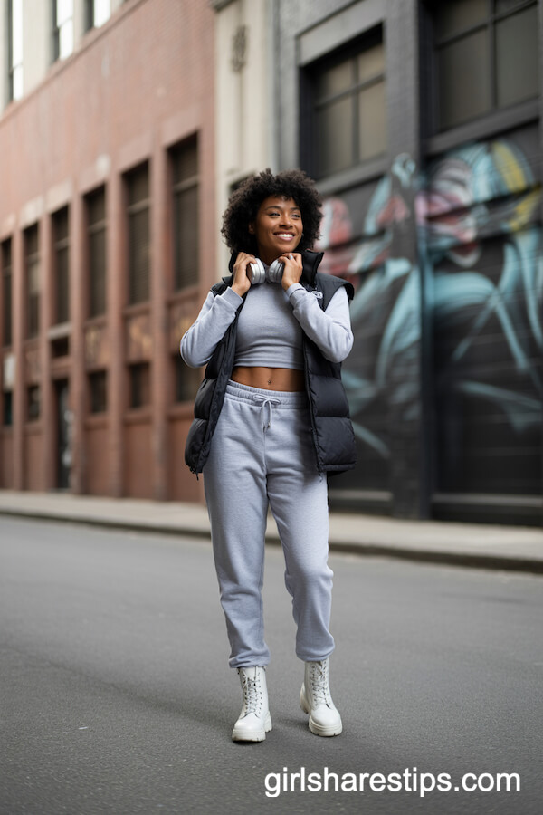 Streetwear Cool: Jogger Pants, Crop Top, Puffer Vest, and White Combat Boots