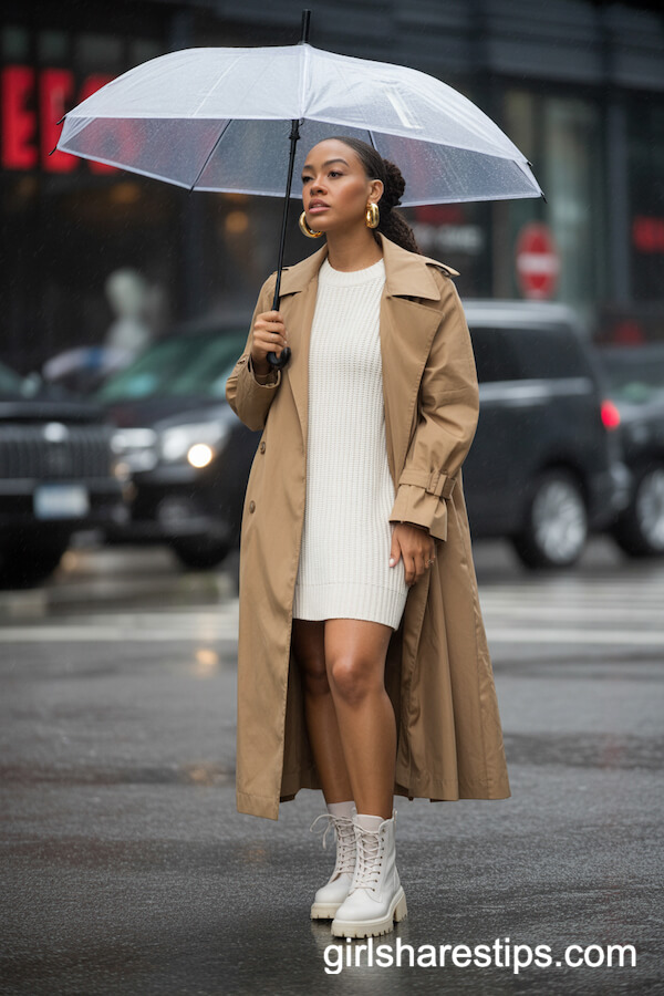 Rainy Day Chic: Trench Coat, Sweater Dress, and White Combat Boots