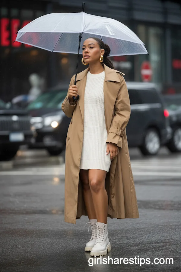 Rainy Day Chic: Trench Coat, Sweater Dress, and White Combat Boots