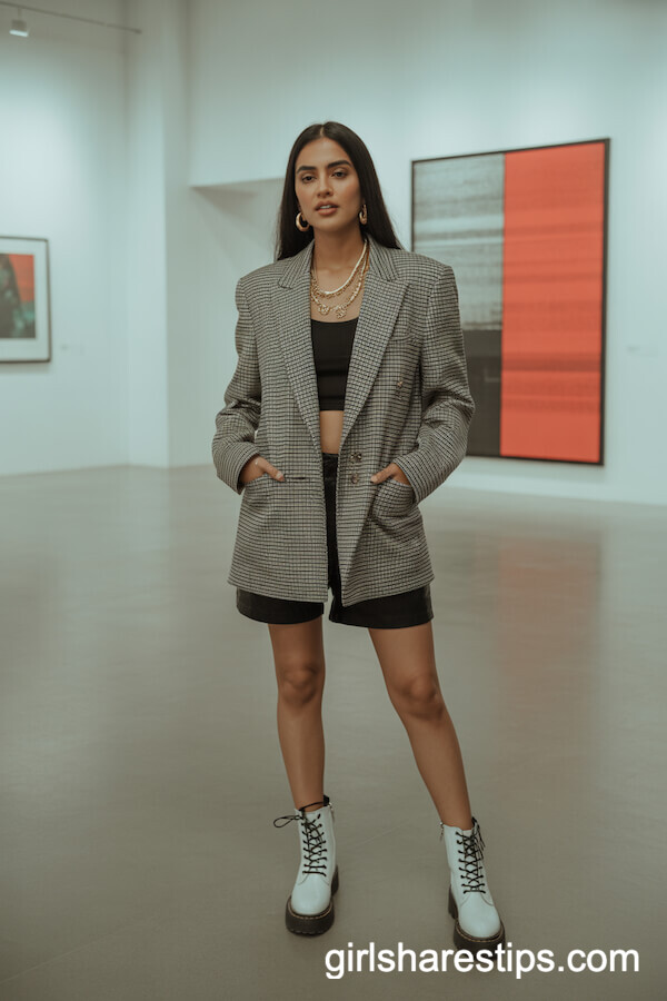 Gallery Glam: Oversized Plaid Blazer, Shorts, and White Combat Boots
