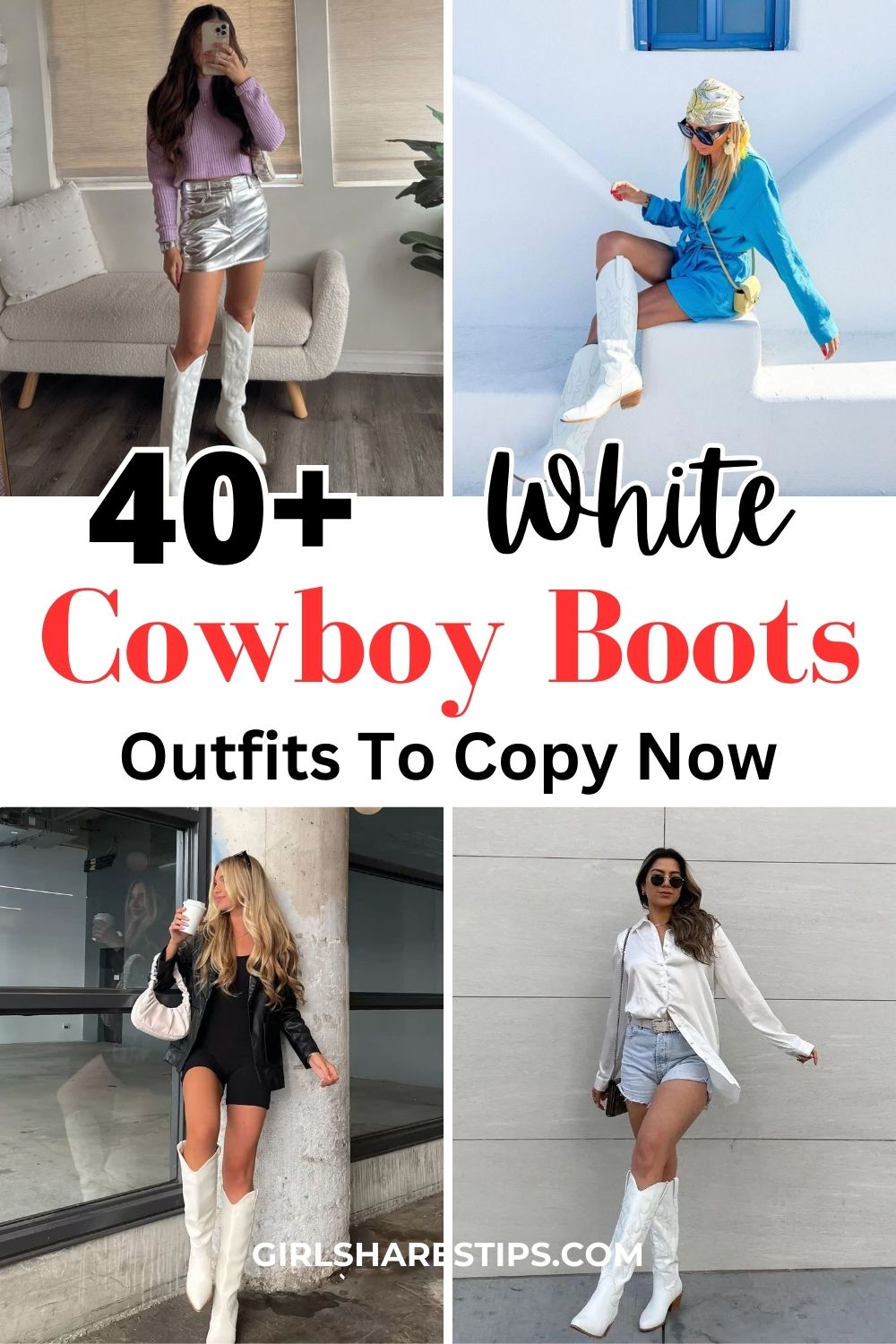 white cowboy boots outfit ideas collage