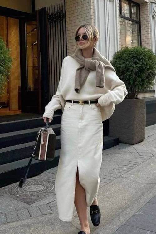 white denim skirt outfit