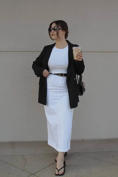 white denim skirt outfit