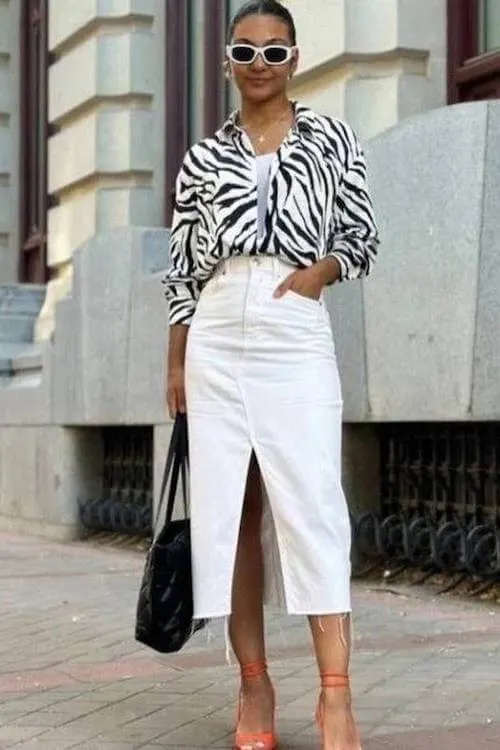 white denim skirt outfit