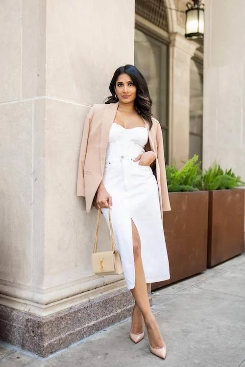 white denim skirt outfit