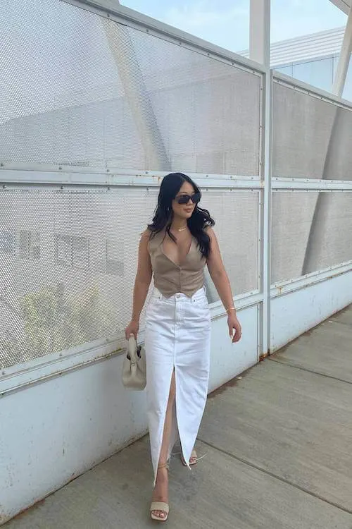 white denim skirt outfit