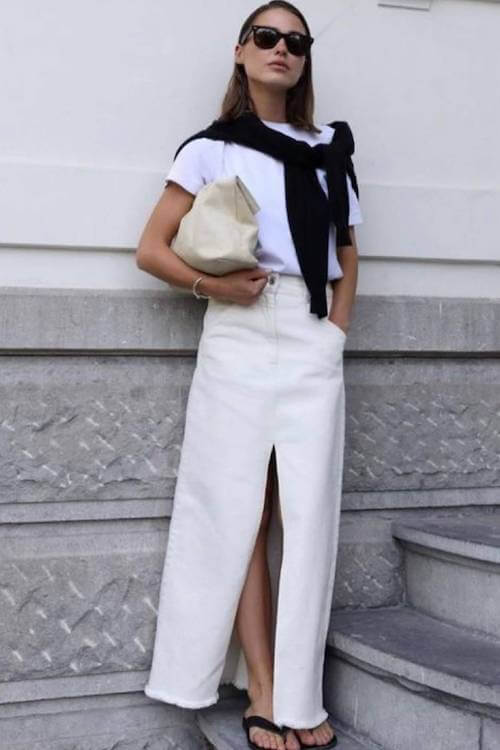 white denim skirt outfit