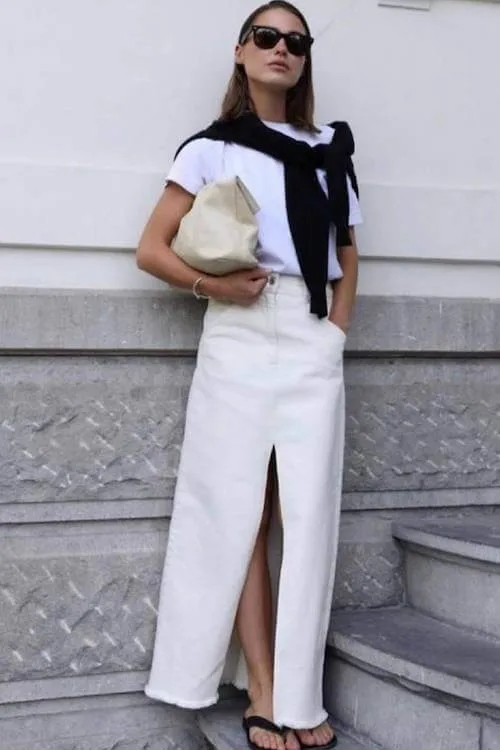 white denim skirt outfit