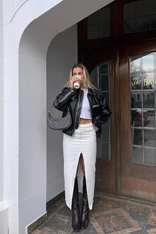 white denim skirt outfit
