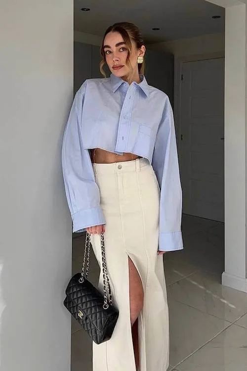 white denim skirt outfit