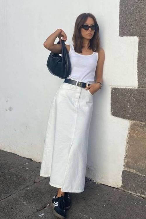 white denim skirt outfit