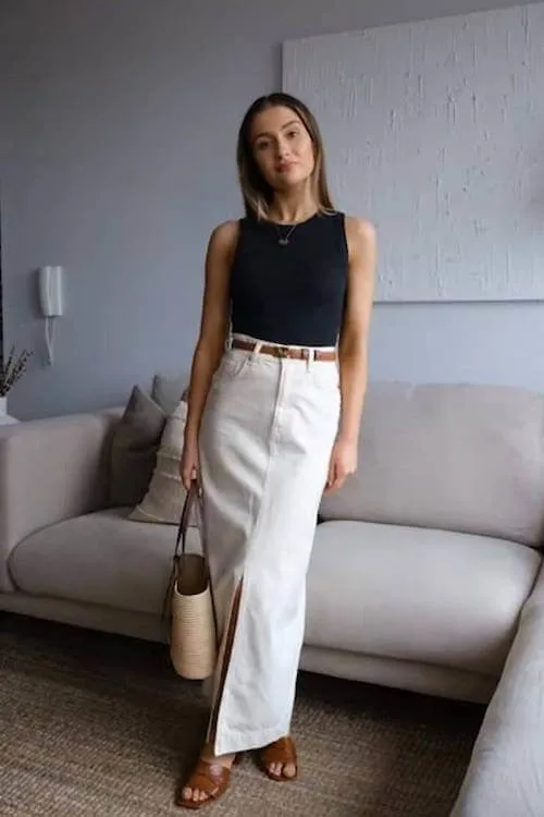 white denim skirt outfit