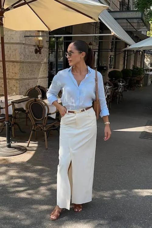 white denim skirt outfit