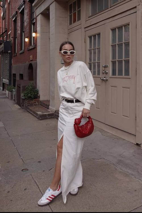 white denim skirt outfit