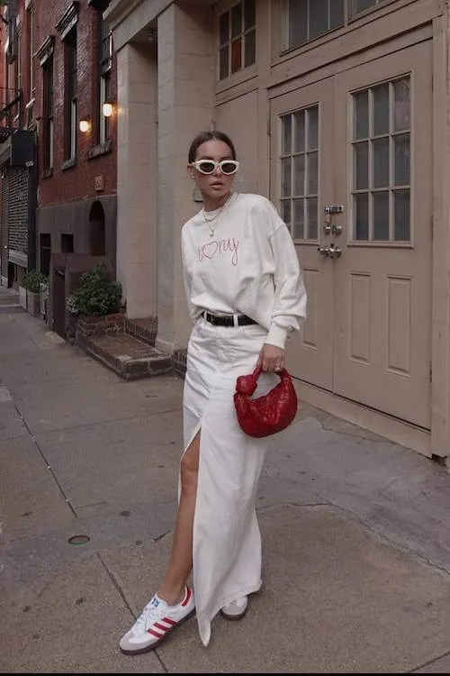 white denim skirt outfit