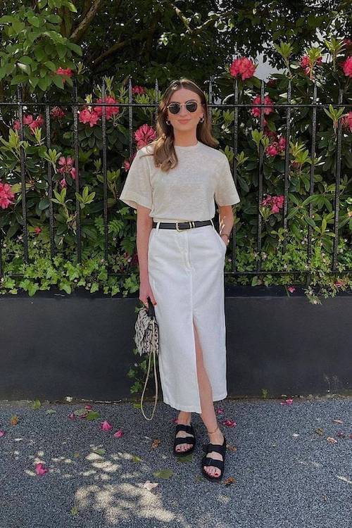 white denim skirt outfit