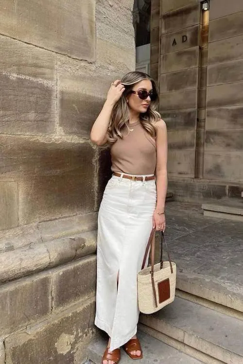 white denim skirt outfit
