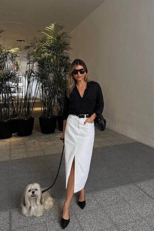 white denim skirt outfit