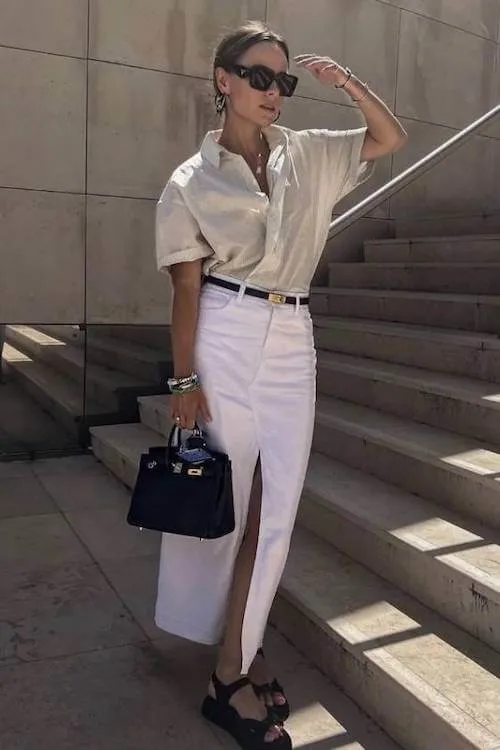 white denim skirt outfit